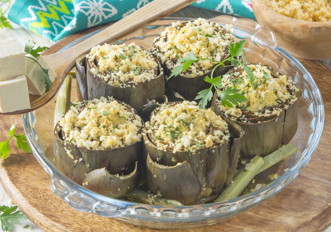 Artichokes Stuffed with Cooking Cream, Tofu and Aromatic Herbs